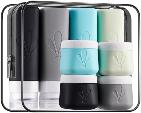 INSFIT travel bottles for toiletries 8 Pack, Leak proof Travel Size Toiletries Containers with toiletry bag, Squeezable Silicone Bottles & Cream Jars, Travel Essentials BPA-Free kit for Shampoo by INSFITPortableTravelBottles