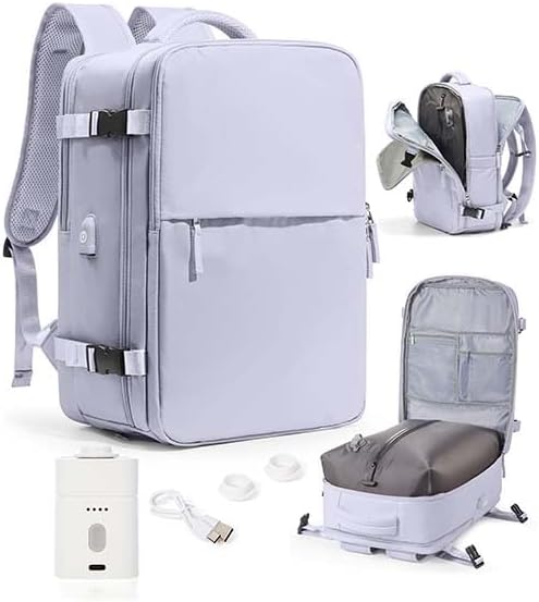 WONHOX Vacuum Seal Travel Backpack with Air Pump,Compression Vacpack Waterproof Carry On Backpack for Travel Women Men with Vacuum System,Airlines Approved Daypack Laptop Space Saver Bags,Lilac