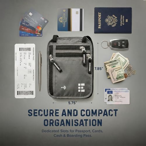 Zero Grid RFID Travel Neck Wallet, Large Passport Holder, Light Grey - Image 2