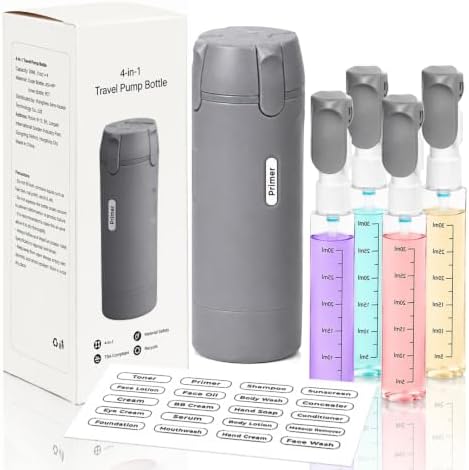 4 in 1 Travel Dispenser Bottle, Leakproof Travel Size Toiletries Holder, Refillable Portable Containers for Shampoo Lotion Conditioner Cream Transparent with Label (Grey) by Unknown