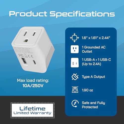 Ceptics Japan, Philippines Travel Adapter Plug with USB-A + USB-C - Usa Input - Type A - Ultra Compact (CTU-6) - Perfect for Cell Phones, Laptops, Camera Chargers - Image 4
