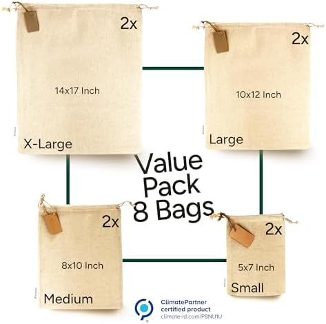 LEAFICO Muslin Cloth Bags with Drawstrings - Set of 8 (S, M, L, XL) - Reusable Natural Cotton Bags for Bulk Food Storage - Canvas Fabric Sachets - Image 2