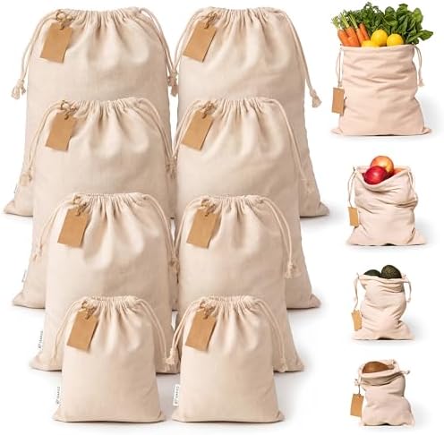 LEAFICO Muslin Cloth Bags with Drawstrings - Set of 8 (S, M, L, XL) - Reusable Natural Cotton Bags for Bulk Food Storage - Canvas Fabric Sachets by Leafico