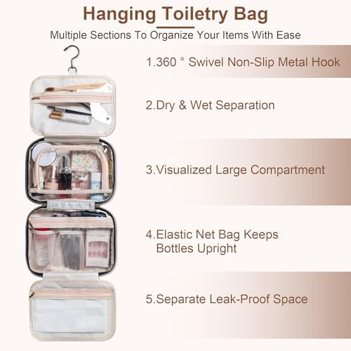 Travel Toiletry Bag for Women, Large Hanging Makeup Cosmetic Bag, Beige - Image 3