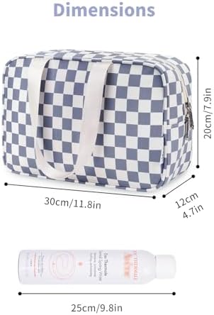 Narwey Large Toiletry Bag Women Large Cosmetic Bag Travel Makeup Bag Organizer Medicine Bag for Toiletries Essentials Accessories (Grayish Blue Checkerboard) - Image 4
