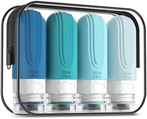 Mrsdry Travel Bottles for Toiletries, Tsa Approved 2oz Travel size Bottles, BPA Free Leak Proof Travels Toiletry Containers, Traveler Accessories with Toiletry Bag for Shampoo Liquid (4 Pack) by Mrsdry