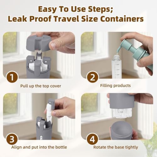 4 in 1 Travel Dispenser Bottle, Leakproof Travel Size Toiletries Holder, Refillable Portable Containers for Shampoo Lotion Conditioner Cream Transparent with Label (Grey) - Image 3