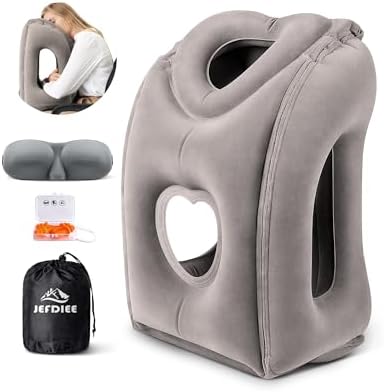 Inflatable Travel Pillow, Airplane Neck Pillow Comfortably Supports Head and Chin for Airplanes, Trains, Cars Office Napping on The Tray Table (Grey) by JEFDIEE