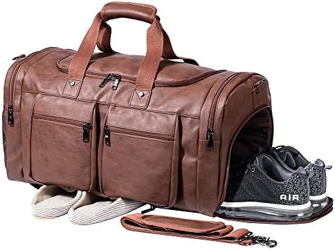Leather Travel Bag with Shoe Pouch,Weekender Overnight Bag Waterproof Leather Large Carry On Bag Travel Tote Duffel Bag for Men or Women-Brown by Seyfocnia