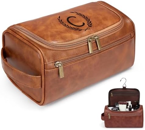 Travel Toiletry Bag Hanging For Mens PU Leather - Yellow Brown (Initial C) by Janhavi