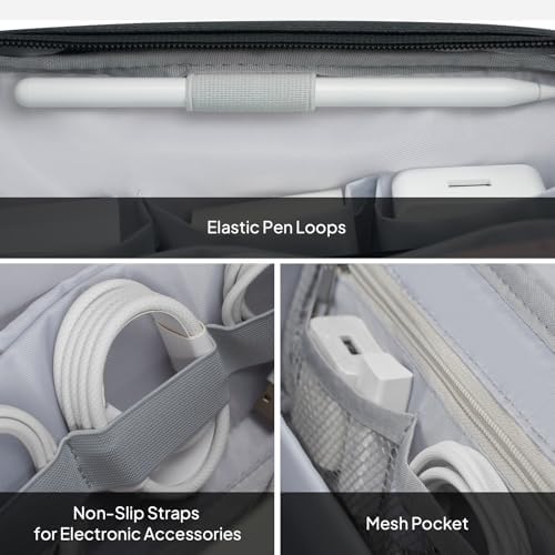 TOPEAST Quilted Cable Organizer Bag, Soft Tech Pouch & Travel Electronics Case with Elastic Pen Loop, Tangle-Free Cord Organizer for Women, Office Desk, AirPods, Chargers & Accessories, Black - Image 5