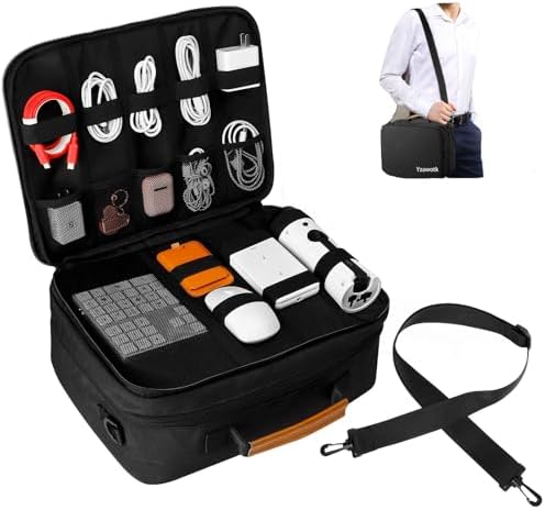 Extra Large Electronics Organizer Travel Case, Cable Organizer Bag with Shoulder Strap, Electronics Accessories Storage Double Layer Bags for Cord, Tablet, Headphone, Charger, Tools, DJ Gifts-Black by Unknown