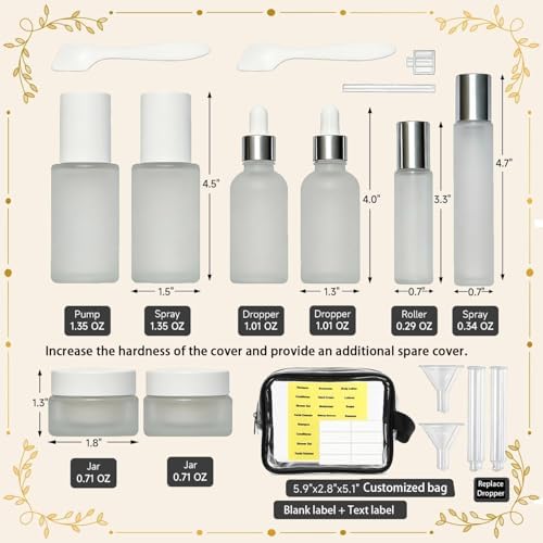 18-Pack Glass Travel Bottles Set, 1.35/0.7/1 oz TSA Approved Containers with Pump Spray, White Small Bottles for Toiletries, Makeup, Skincare - Image 3