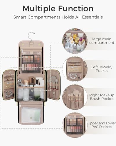 Hanging Toiletry Bag, PU Leather Makeup Bag Large Capacity with Jewelry Organizer for Brushes Set, Cosmetic Accessories, Pink - Image 2