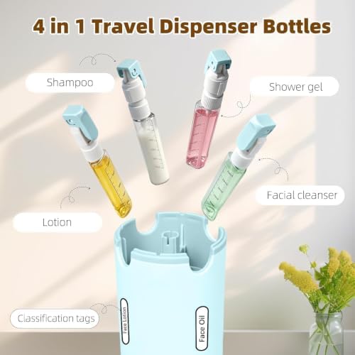 4 in 1 Travel Dispenser Bottle, Leakproof Travel Size Toiletries Holder, Refillable Portable Containers for Shampoo Lotion Conditioner Cream Transparent with Label (Blue) - Image 4
