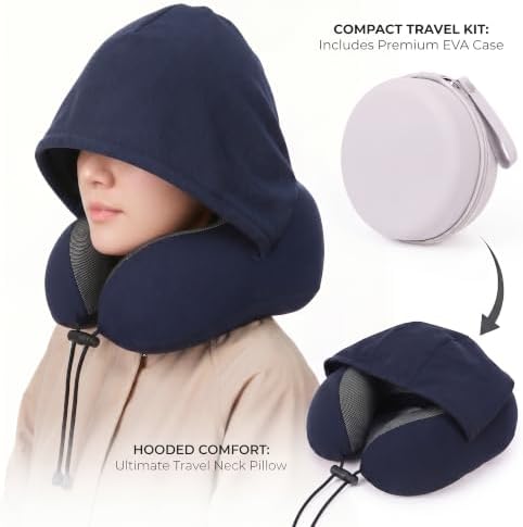 Hooded Travel Pillow,Memory Foam Neck Support Pillow with Skin-Friendly Cooling Cover and EVA Storage Case, Airplane Pillow Head Support for Office Plane Travel Car Sleeping (Navy Blue) - Image 2