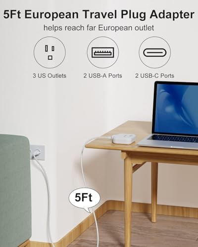European Travel Plug Adapter, US to Europe Plug Adapter with 3 Outlets & 4 USB(2 USB-C), 5ft European Power Cord, International Power Strip, Type C for Europe EU Germany France, Travel, White - Image 4