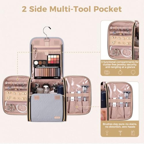 Hanging Toiletry Bag & Makeup Bag for Women with Jewelry Organizer - TSA Approved Large Capacity Travel Cosmetic Organizer, Waterproof Shower Essentials Case with Transparent Pockets - Image 6