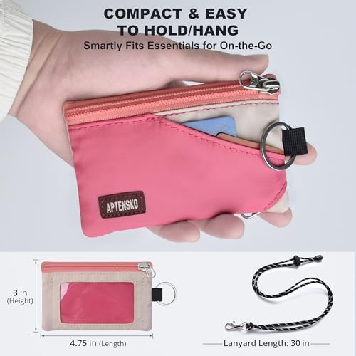 RFID Blocking Travel Wallet with Adjustable Lanyard, Small Nylon Zipper Pouch and Badge Holder for ID, Credit Cards, Cash, Keys, Commuters (Pink+Almond) - Image 4