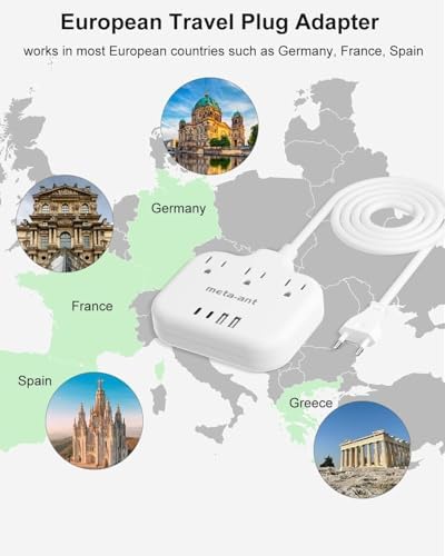 European Travel Plug Adapter, US to Europe Plug Adapter with 3 Outlets & 4 USB(2 USB-C), 5ft European Power Cord, International Power Strip, Type C for Europe EU Germany France, Travel, White - Image 2
