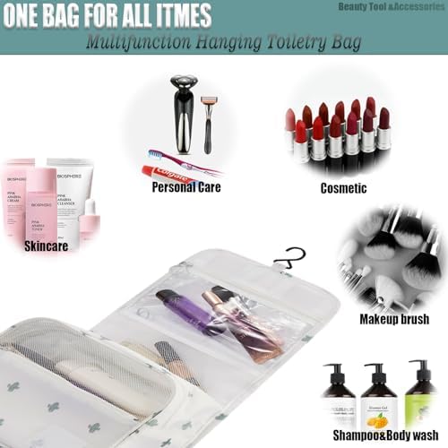 L&FY Hanging Toiletry Bag For Women-Portable Travel Toiletry Bag Water-resistant Makeup Organizer Bag For Cosmetic, Travel Toiletries, Accessories (White With Cactus) - Image 3