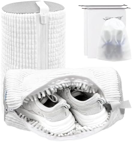 Shoe Washing Machine Bag,Laundry Shoe Bag for Washer and Dryer,Reusable Shoe Cleaning Bag for Sneakers,Tennis Shoes,With Self-locking Zipper, Microfiber Inside,Include Shoe Bag (Pro White - 2 Pack) by SHEELAHO