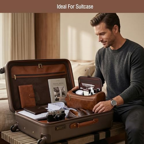 Travel Toiletry Bag Hanging For Mens PU Leather - Yellow Brown (Initial C) - Image 6