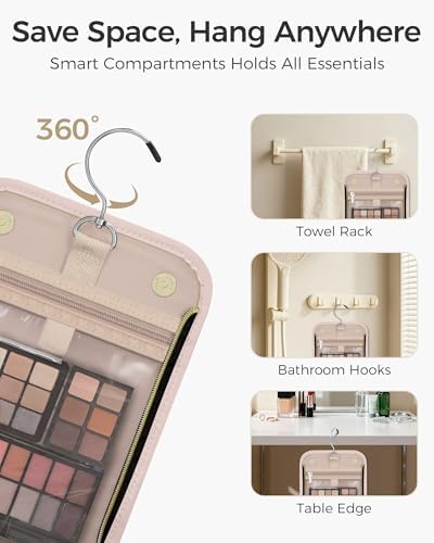 Hanging Toiletry Bag, PU Leather Makeup Bag Large Capacity with Jewelry Organizer for Brushes Set, Cosmetic Accessories, Pink - Image 3
