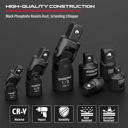 Universal Joint Socket Reducer: 7-Piece Impact Wobble U Joint & Adapter Set with Magnetic Aluminum Storage Rail - Premium Cr-V Steel 1/4", 3/8" & 1/2" Drive - Image 5