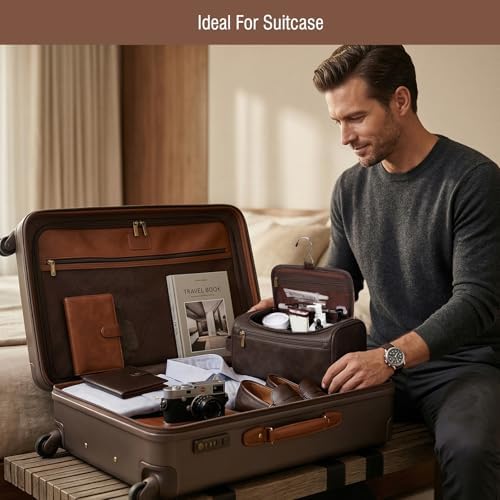 Travel Toiletry Bag Hanging For Mens PU Leather - Dark Brown (Initial K) - Image 5