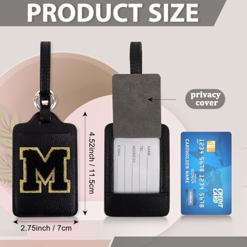 Personalized Initial Luggage Tags for Suitcases, Leather Chenille Letter Cute Luggage Tags with Privacy Name Card, Embroidered Travel Bag Backpack Tag Gifts for Women Kids Girls Teens(Black-M) - Image 2