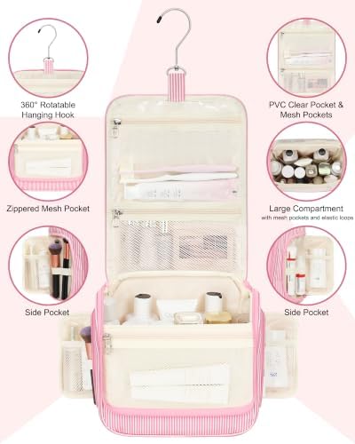 Relavel Hanging Toiletry Bag for Women, Travel Makeup Bag for Girls Kids Gifts Personalized Initial Toiletry Pouch Shower Bag, Travel Essentials Birthday Gifts for Teen Girls, Pink P - Image 3