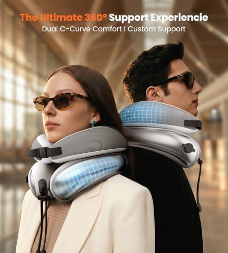Neck Pillow for Traveling, Travel Pillows for Airplanes, Adjustable Neck Pillow Airplane Travel Essentials - 2 Layer Patented | Inflatable Air Loop & Memory Foam for 360° Ergonomic Support - Image 3