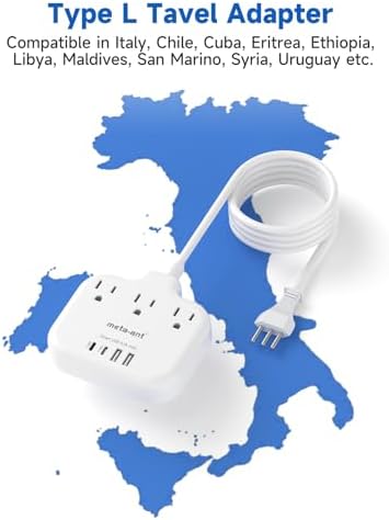 Italy Travel Plug Adapter with 3FT Extension Cord, meta-ant Italy Power Adapter with 3 American Outlets 4 USB Ports(2 USB-C), Type L Adapter for US to Italy Chile Ethiopia Libya Syria Tunisia Uruguay - Image 2
