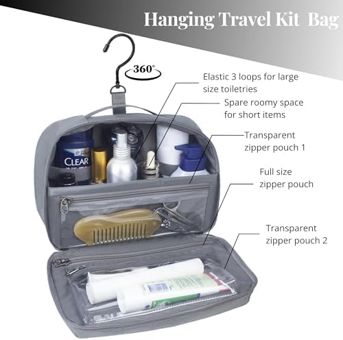 Hanging Toiletry Bag for Men, Toiletries Travel Kit with 360° Swivel Hook, Water-Resistant Nylon Dopp Kit,Shaving Bag with Clear Pockets Used for Trip,Daily or Gift,Graphite Gray - Image 3