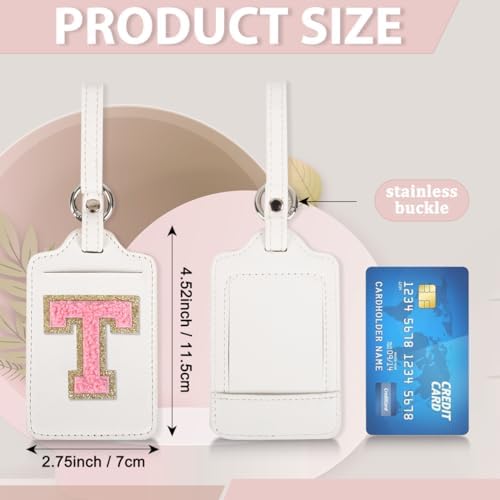 Personalized Initial Luggage Tags for Suitcases, Leather Chenille Letter Cute Luggage Tags with Privacy Name Card, Embroidered Travel Bag Backpack Tag Gifts for Women Kids Girls Teens(White-T) - Image 2