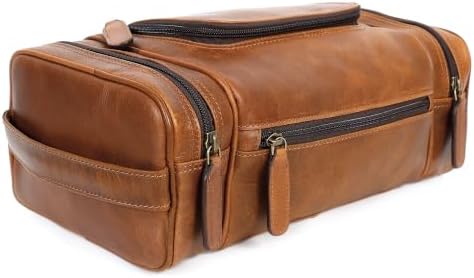 ELIZO Real Leather Toiletry Bag for Men - Extra Large Hanging Travel Organizer for Toiletries, Ideal for Dopp Kit & Shaving Kit for Men, Essential Mens Travel Toiletry Bag for Toiletries (Cognac) by Elizo