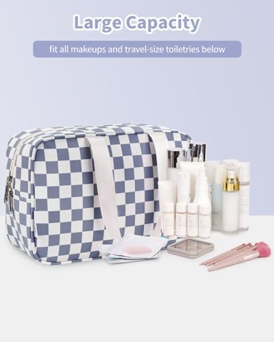 Narwey Large Toiletry Bag Women Large Cosmetic Bag Travel Makeup Bag Organizer Medicine Bag for Toiletries Essentials Accessories (Grayish Blue Checkerboard) - Image 6