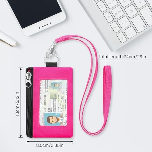 Minimalist RFID Blocking Wallet with Lanyard, Functional ID Case with 2 Zipper Pockets and Key Chain for Men and Women, Tactical Badge Pouch Cards Holder, Coin Purse for Travel Sports-Rose - Image 2