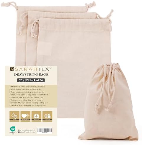 6" x 8" Premium Cotton Drawstring Bag 24 Pack, 140 GSM Reusable Pouch for Soap, Candles, Jewelry, Herbs, Wedding Favors, Party Use, Small Storage, Eco Friendly by Unknown