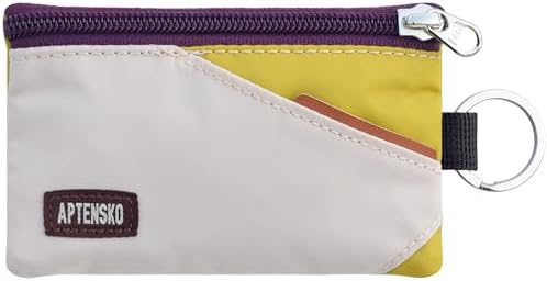 RFID Blocking Travel Wallet with Adjustable Lanyard, Small Nylon Zipper Pouch and Badge Holder for ID, Credit Cards, Cash, Keys, Commuters (Almond+DarkYellow) by APTENSKO