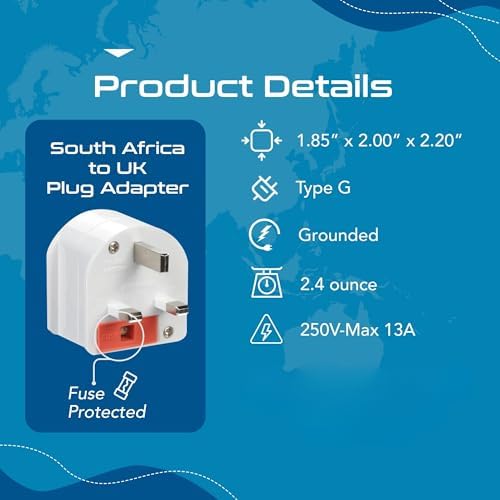 Ceptics GP-SA-UK South Africa to UK Grounded Plug Adapter (250V - Max 13A), White - Image 5