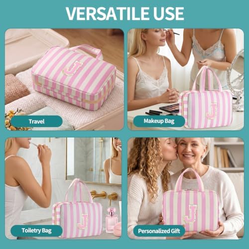 Personalized Travel Hanging Toiletry Bag & Makeup Bag Striped Pink J - Image 6