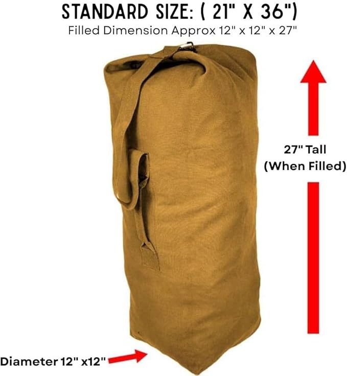 Top Load Heavyweight Cotton Canvas Tactical Military Duffle Bag Carryall Shoulder Storage Bulk Travel Bag, Coyote Brown - 12" x 12" x 27"