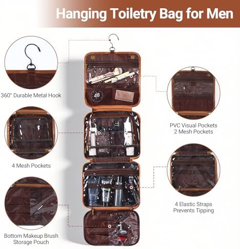 OXYEFEI Personalized Hanging Travel Toiletry Bag Gift for Men,Engraved Initial PU Leather Mens Large Toiletry Travel Essential Organizer Dopp Kit Shaving Bag for Him Birthday (P, Light Brown) - Image 5