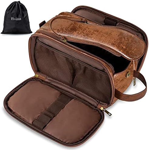 Elviros Toiletry Bag for Men PU Leather Dopp Kit (Medium, Dark Brown) by Elviros