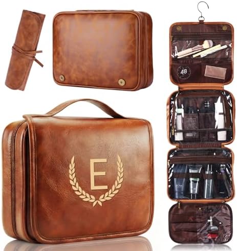 OXYEFEI Personalized Hanging Travel Toiletry Bag Gift for Men,Engraved Initial PU Leather Mens Large Toiletry Travel Essential Organizer Dopp Kit Shaving Bag for Him Birthday (E, Light Brown) by OXYEFEI