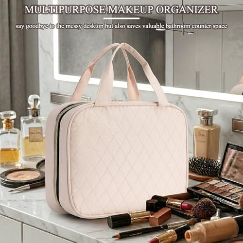 Travel Toiletry Bag for Women, Large Hanging Makeup Cosmetic Bag, Beige - Image 2