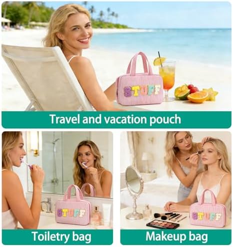 Travel Toiletry Bag for Women Chenille Letter Cosmetic Bag Fashion Stripes Water-resistant Makeup Bag with Hanging Hook for Store Toiletries Cosmetic Accessories Medium Pink - Image 6
