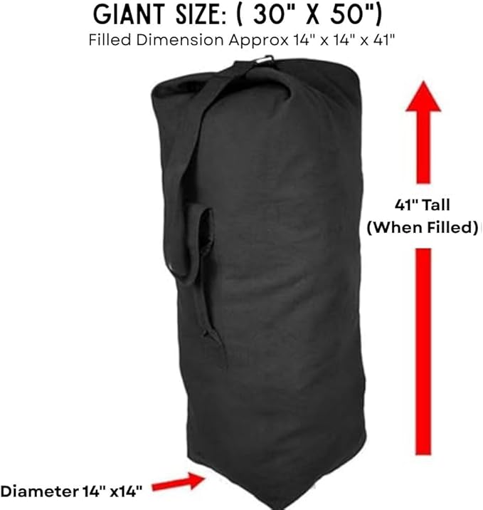Top Load Heavyweight Cotton Canvas Tactical Military Duffle Bag Carryall Shoulder Storage Bulk Travel Bag, Black - 14" x 14" x 41"